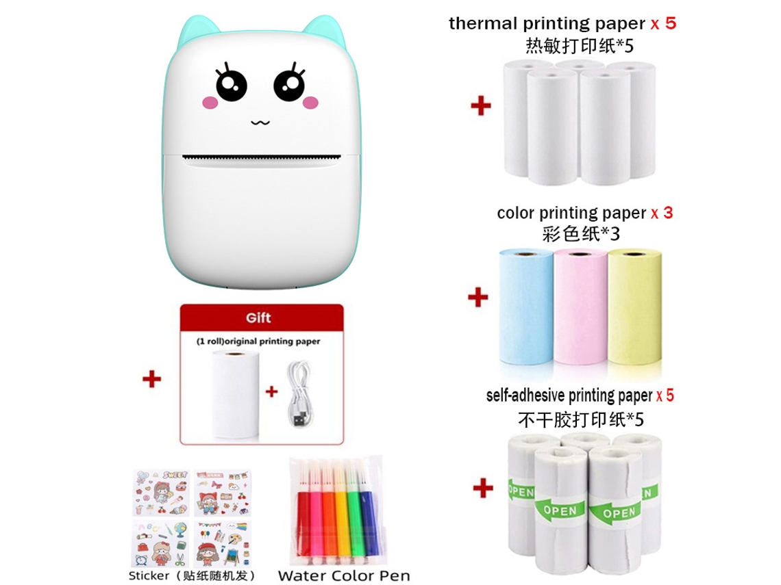 Impresora Térmica Inalámbrica De 203 Dpi. Impresión Sin Tinta Con 14 Rollos De Papel De Impresión, Bolígrafo De Acuarela Y Pegatinas, Color Azul. GERTIZ