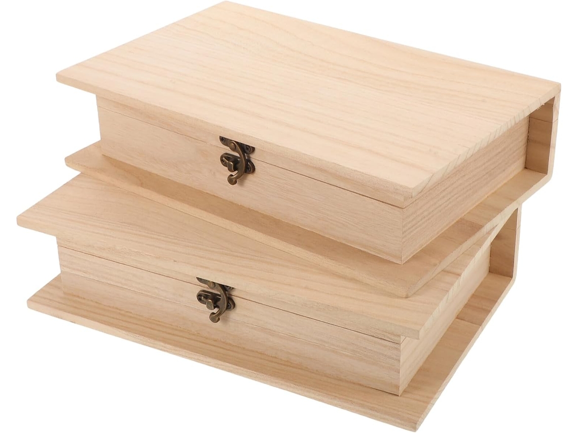 Juego De 2 Joyeros De Madera Natural Sin Pintar Con Tapas Abatibles, Tamaño Libro.