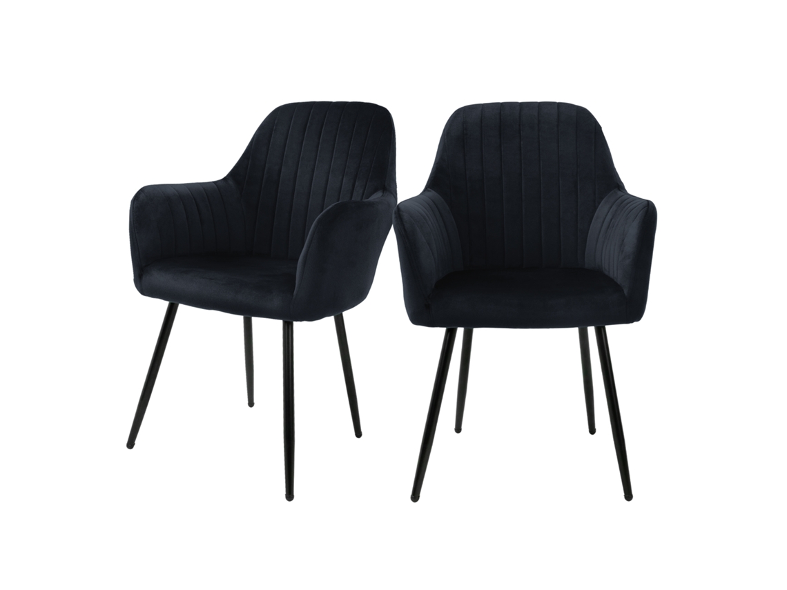 Conjunto de 2 Cadeiras de Jantar com Encosto e Apoio de Braços Pretas com Capa de Veludo e Pernas de Metal ML-DESIGN