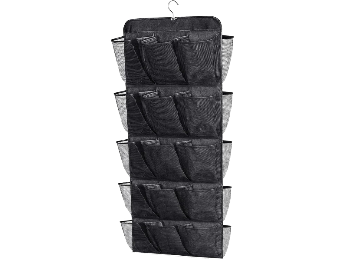Organizador de zapatos con 30 compartimentos grandes, doble cara, percha giratoria, organizador de malla, negro