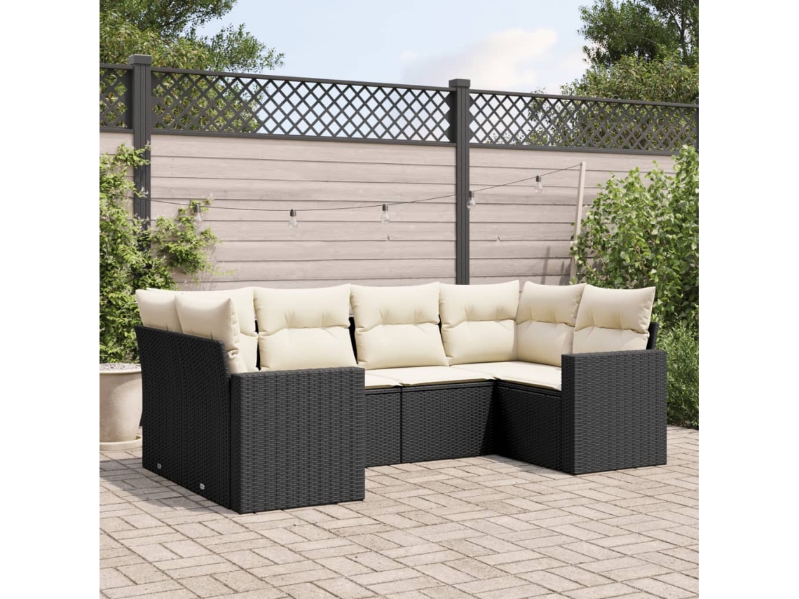 Conjunto de sofá de jardín de 6 piezas con cojines, mimbre sintético negro, DKD Home Decor