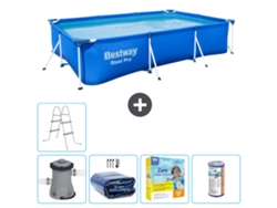 Piscina BESTWAY rectangular Steel Pro - 300 x 201 x 66 cm - Azul - Bomba incluida Vela solar - Paquete de mantenimiento - Filtrar - Escalera