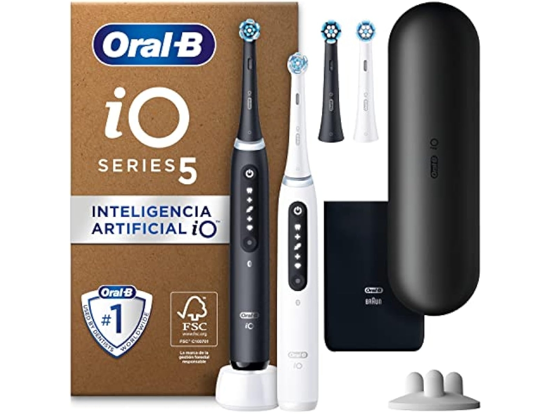 Oral-b Io 5n Pack de 2 cepillos de dientes eléctricos, nuevos, caja abierta y rota, con mango recargable, 2 cabezales y estuche de viaje con cargador,