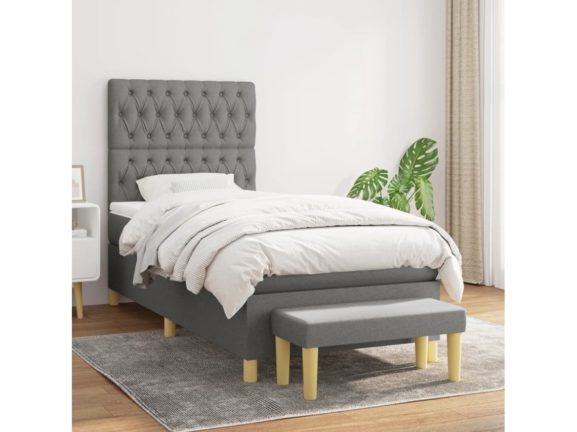 Cama Box Spring Con Colchón Tela Gris Oscuro 90x190 Cm