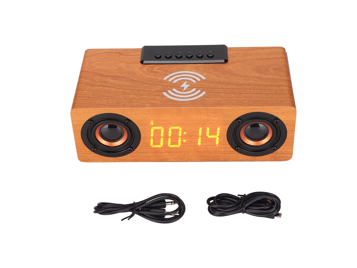 Alarme Relógio Com Alto-falante Bluetooth 5.0 E Carregamento Sem Fio 10w Em Madeira Estilo Retrô