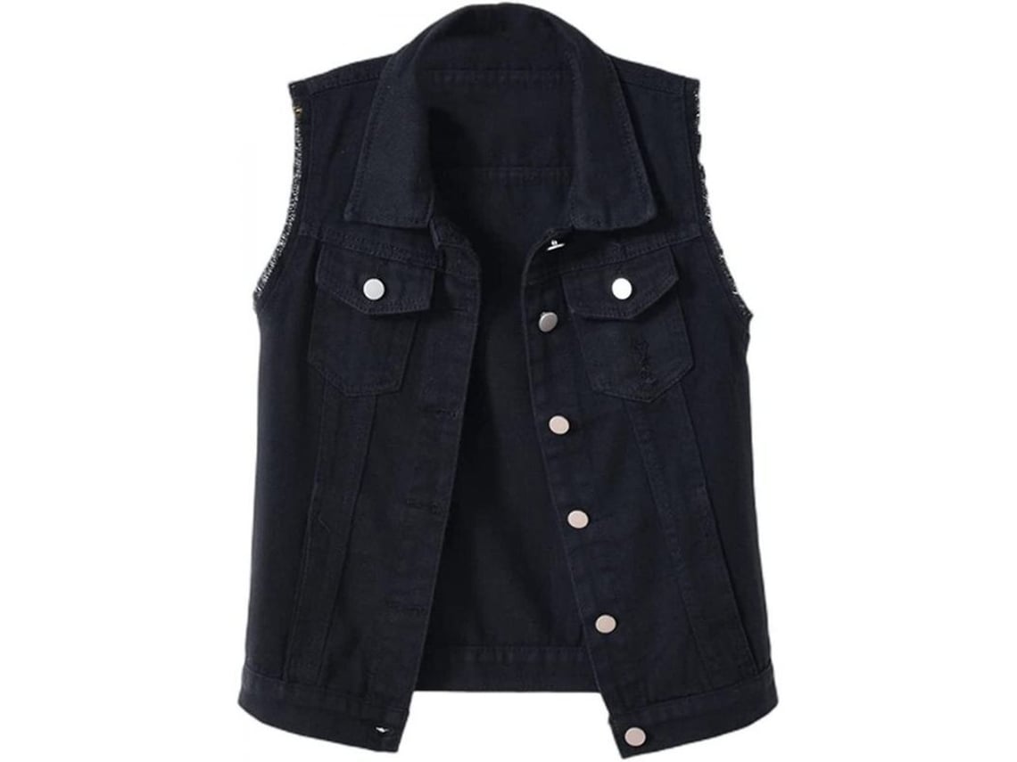 Chaleco corto sin mangas para mujer con botones, estilo casual rasgado, talla L, negro, modelo 2026.