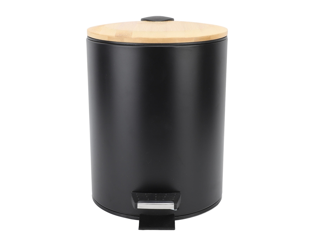 Cubo De Basura De Gran Capacidad Con Tapa De Bambú Y Pedal Para Baño/cocina, Negro, 5 Litros
