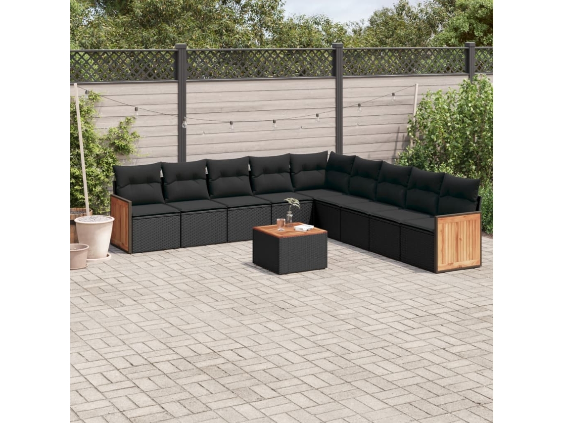 Conjunto de sofá de jardín de 10 piezas con cojines en mimbre sintético negro de DKD Home Decor
