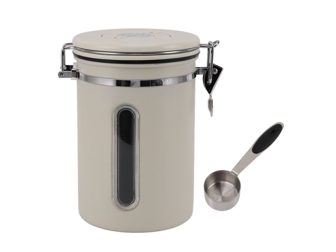 Recipiente Hermético Para Café De 1800 Ml, Acero Inoxidable 304 Con Ventana Y Ventilación Unidireccional, Color Beige.