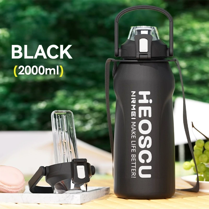 Botella de agua de acero inoxidable con aislamiento al vacío (negra, 2000 ml), gran capacidad, ideal para deportes.