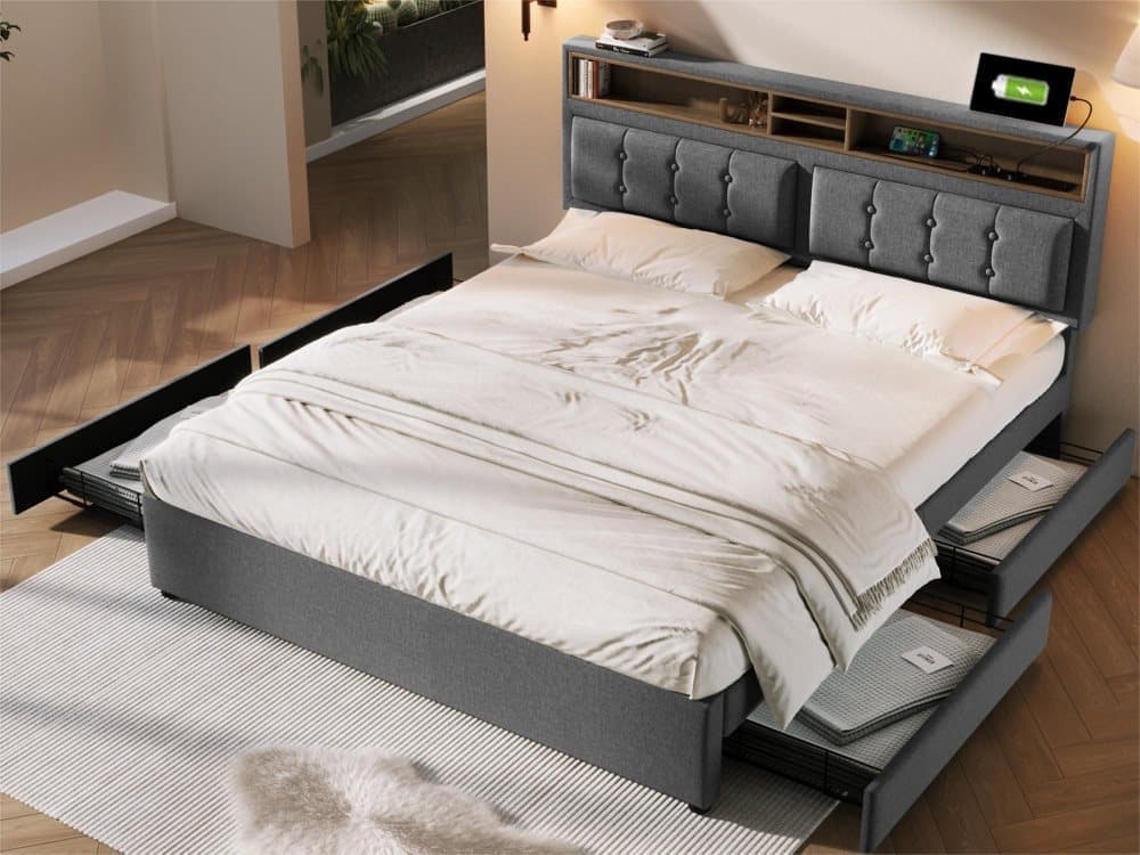 Cama De Adulto Tapizada Con 4 Cajones Y Puerto De Carga Usb - 140x200cm - Tela De Lino - Gris