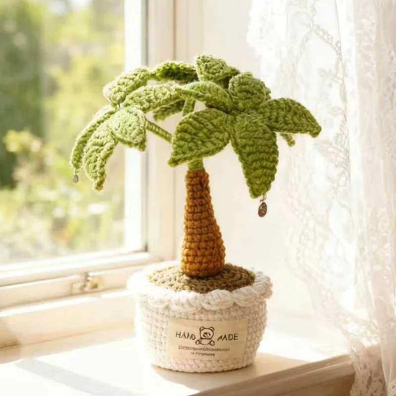 (18 Cm) Bonsai De Árvore-da-fortuna Feito À Mão Em Crochê, Repleto De Plantas, Buquê Trançado Pronto Para Decoração De Casa E Mesa.