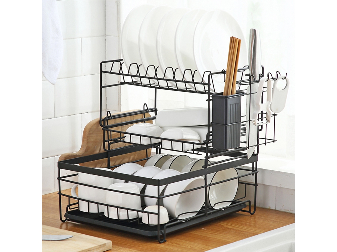 Escurreplatos de acero de 3 niveles con escurridor, color negro
