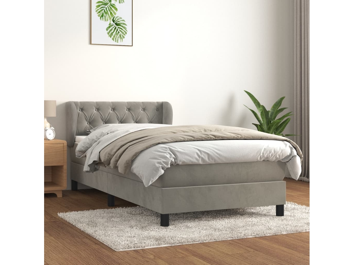 Cama box spring con colchón terciopelo gris claro 80x200 cm