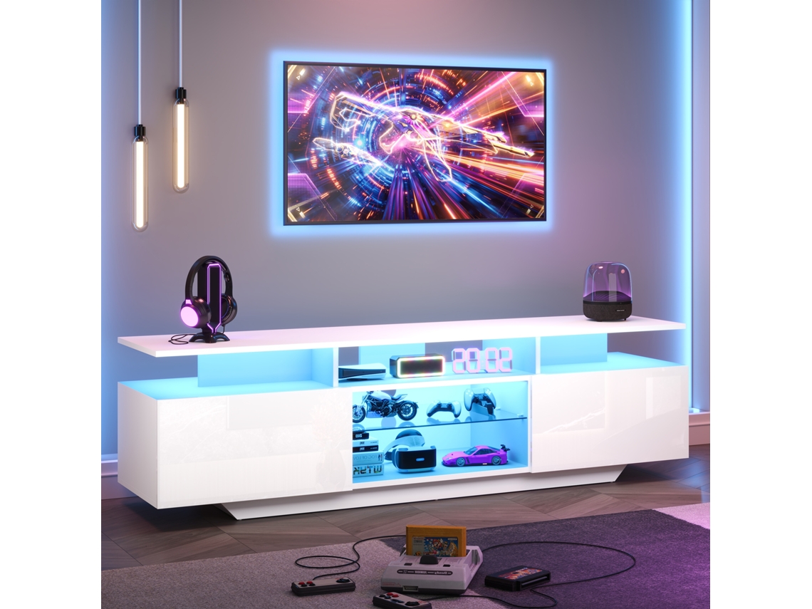 Mueble Tv 160x40x45 Cm - Con 2 Armarios, Led, 8 Estantes, Para Tv De 70" - Blanco