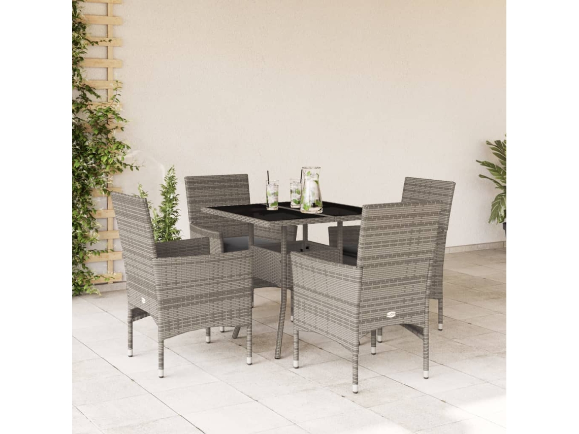 Juego de comedor de jardín de 5 piezas con cojines, mimbre, polietileno y vidrio, gris, Dkd Home Decor