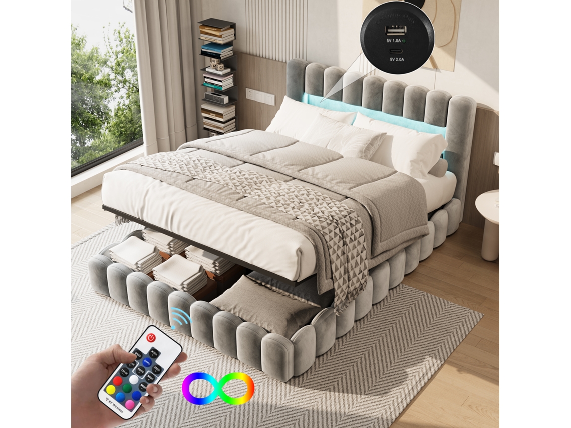 Cama Nido Matrimonial 180x200cm Con Almacenaje Bajo Cama Y Led - Cama Hidráulica Tapizada En Tela Gris, Carga Usb