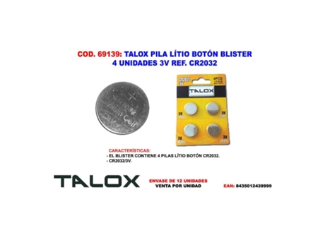TALOX Pila Litio Boton Blister 4 Unidadess 3V Cr2033