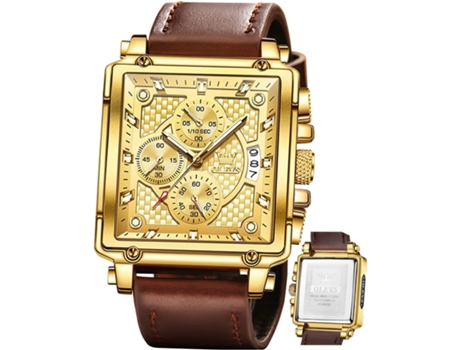 VEANXIN Reloj luminoso impermeable con cronógrafo de cuero cuadrado a la moda para hombre(Cara Dorada)