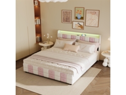 Cama Doble 160 X 200 Cm, Cama Tapizada Con Led, Función De Carga Usb Y 4 Cajones, Terciopelo Blanco Sin Colchón
