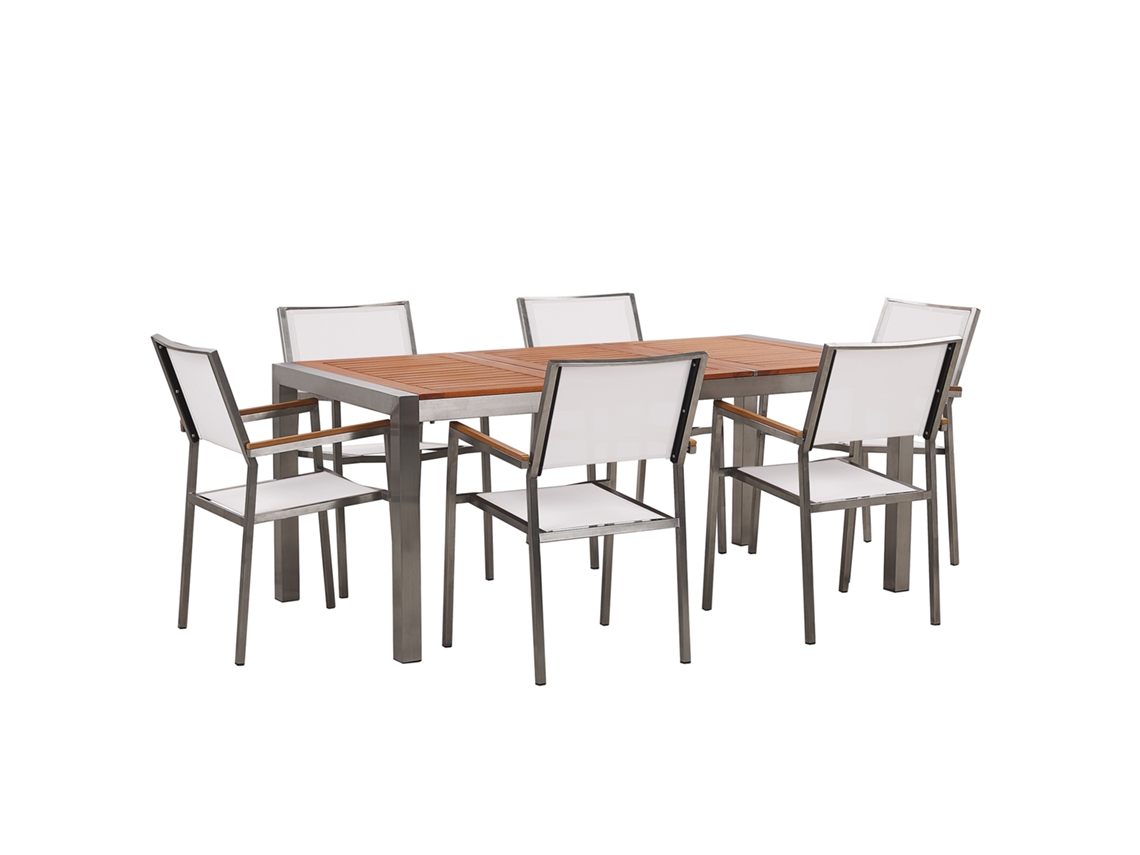 Conjunto de jardín mesa con tablero de madera 180x90, 6 sillas blancas BELIANI Grosseto