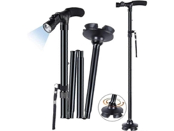 Bastón plegable con luz LED, Versailles, ajustable en altura, para personas mayores, plegable y portátil - Negro