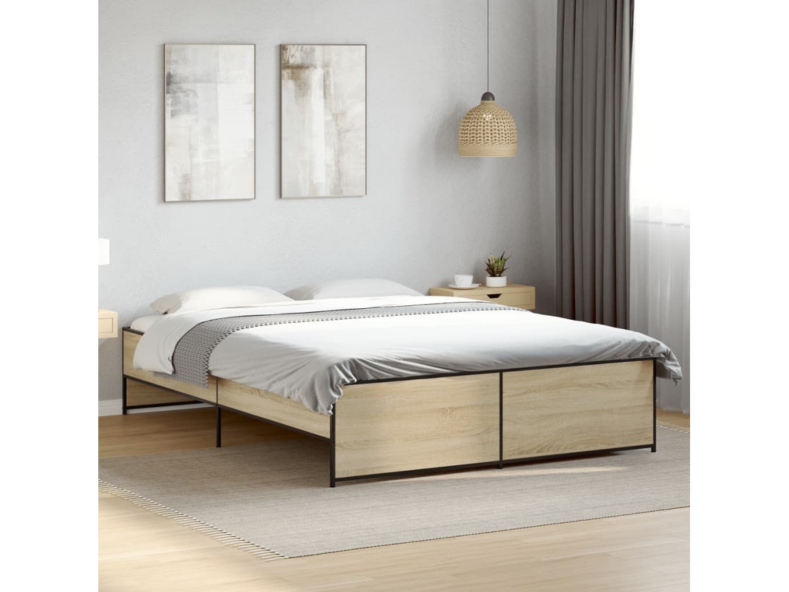 Estructura Cama Madera Ingeniería Metal Roble Sonoma 150x200 Cm
