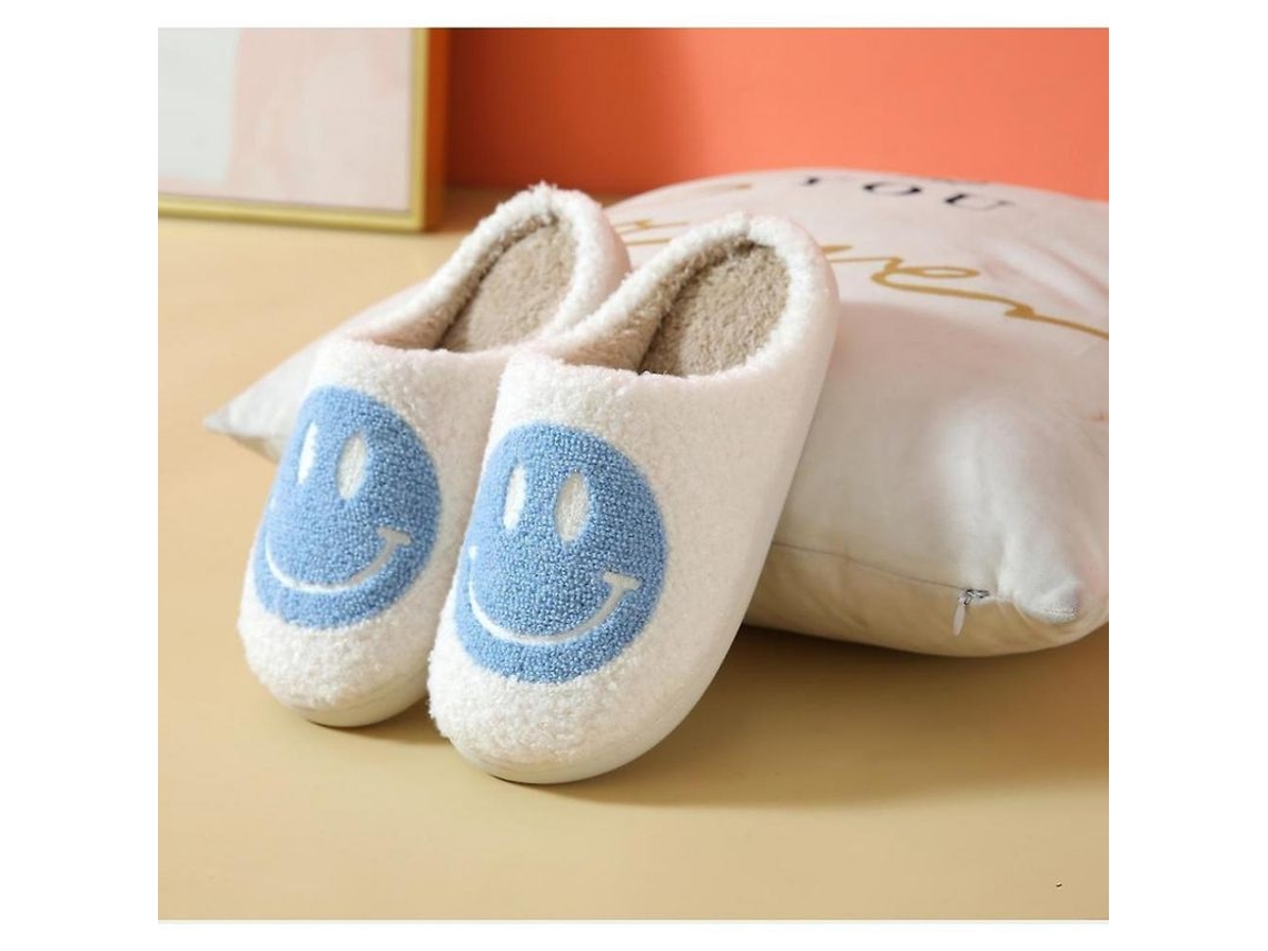 2026-pantuflas De Algodón Con Peluche Caritas Sonrientes Para Mujer, Suelas Gruesas Y Antideslizantes, Diseño Cute Para El Hogar 43-44 Azul