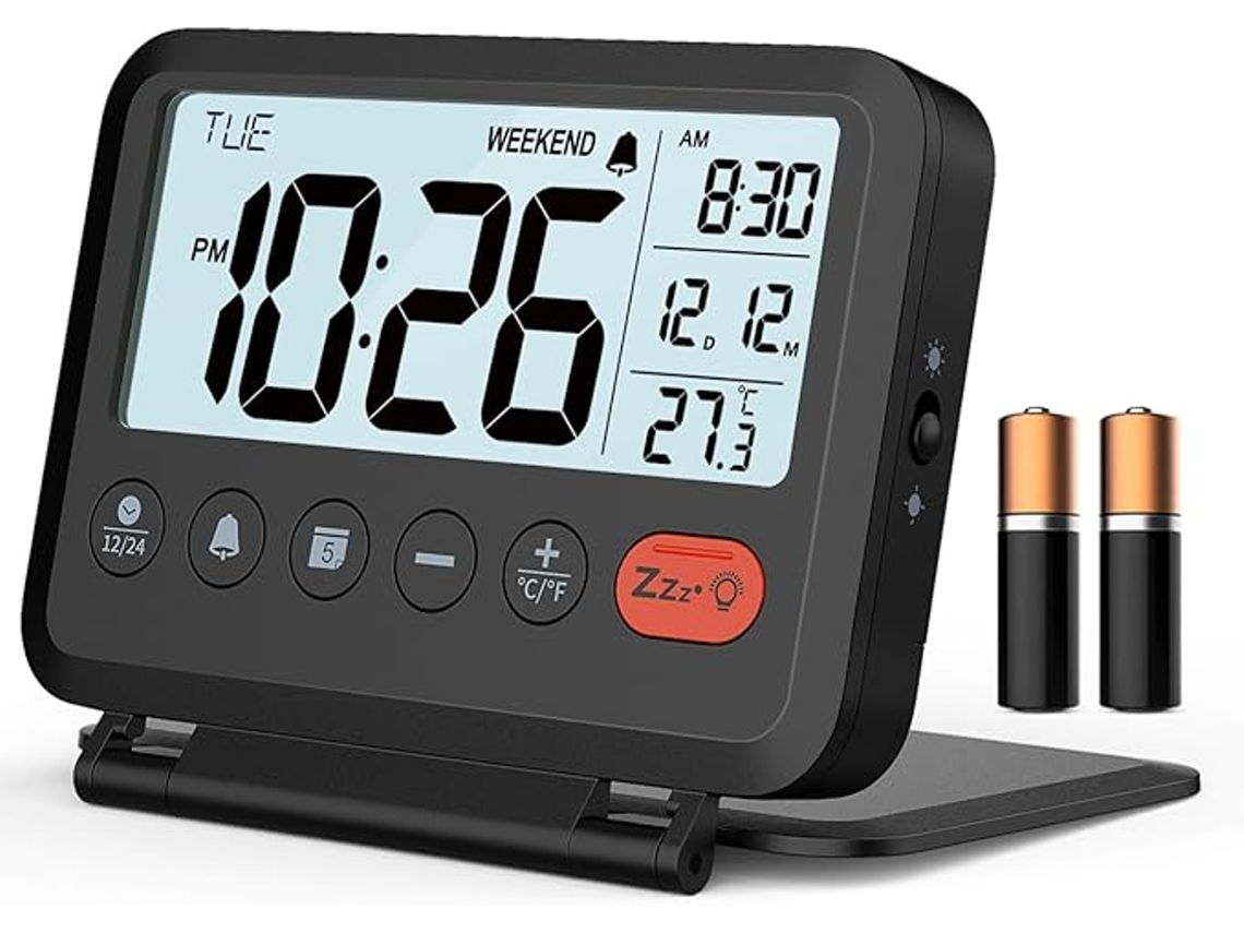 Reloj despertador digital de viaje con pantalla LCD, fecha