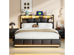 Cama Doble Con Led Y Usb, 160 X 200 Cm. Cama Hidráulica Con Cabecero Acolchado, Somier De Láminas, Color Negro, Poliuretano, Sin Colchón
