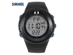 Reloj deportivo digital Smael con luz LED y fondo redondo iluminado azul.