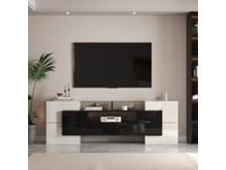 Mueble Para Tv Con Led, 200x35x60 Cm, 6 Puertas Y 2 Cajones, Superficie De Vidrio, Para Pantalla Grande, Blanco Y Negro Brillante