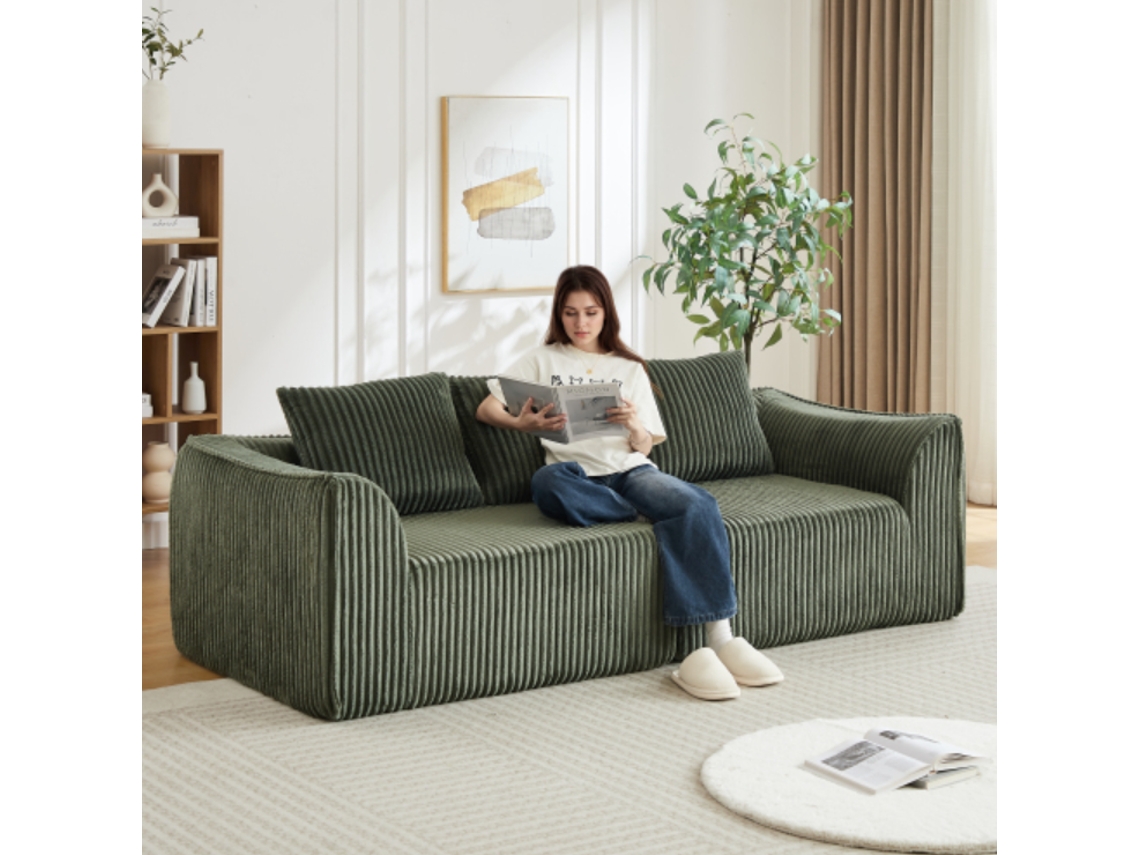 Sofá Minimalista De Cordón 3 Plazas - Líneas Curvas Y Respaldo Inclinado - Verde