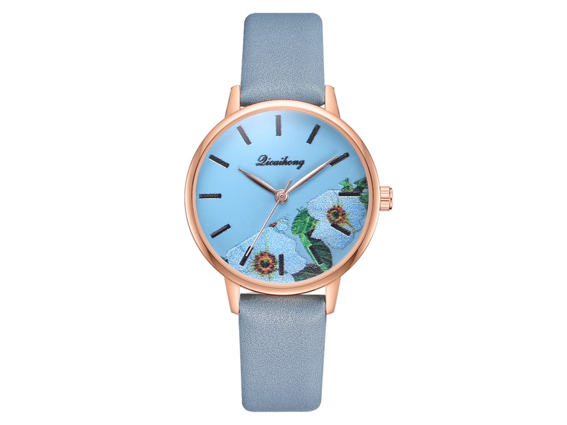 Reloj De Pulsera De Cuarzo Informal Para Mujer Con Correa Ajustable De Pu Y Estampado Floral (azul Cielo)