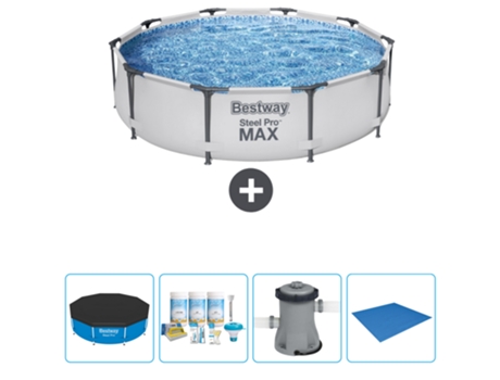 Piscina BESTWAY Round Steel Pro MAX - 305 x 76 cm - Gris - Incluida Cubrir - Paquete de mantenimiento - Bomba - Suelo
