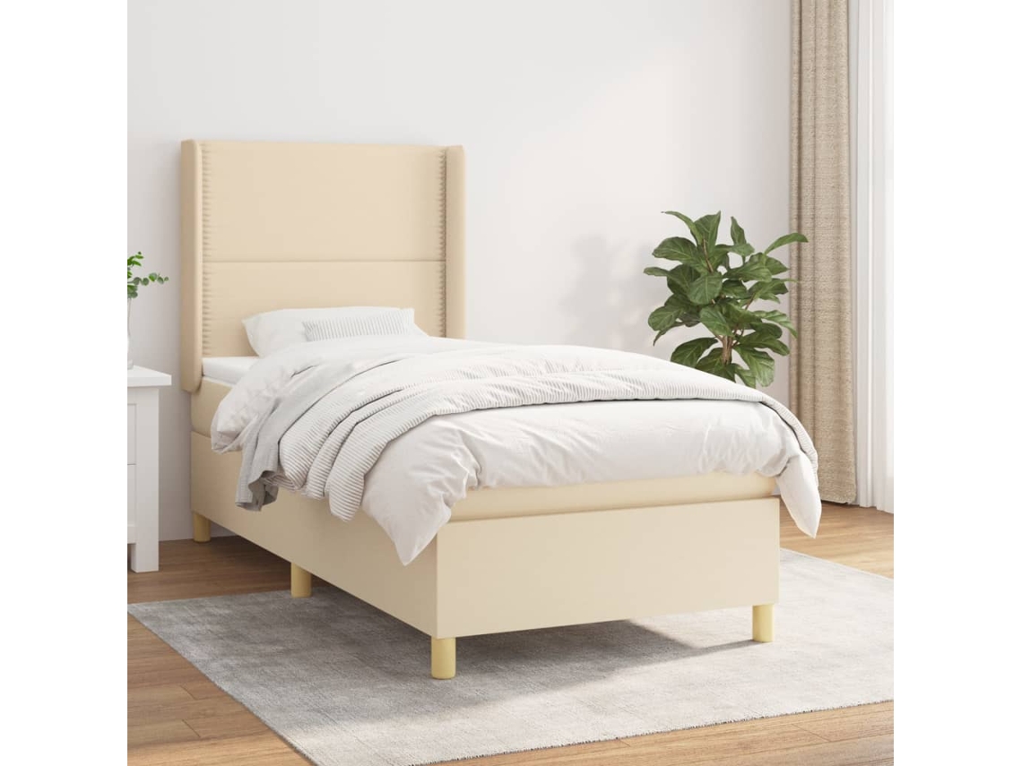 Cama Box Spring Con Colchón Tela Color Crema 90x200 Cm