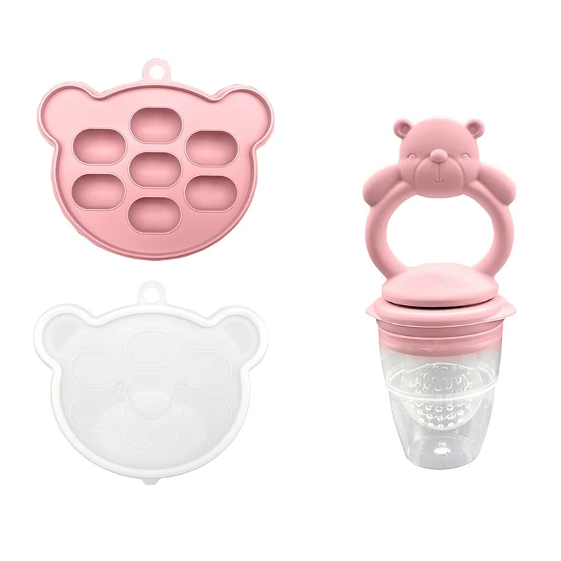 Mordedor para bebés CHRUI de 6+ meses, molde de hielo 2 en 1 para aliviar las encías (oso rosa)