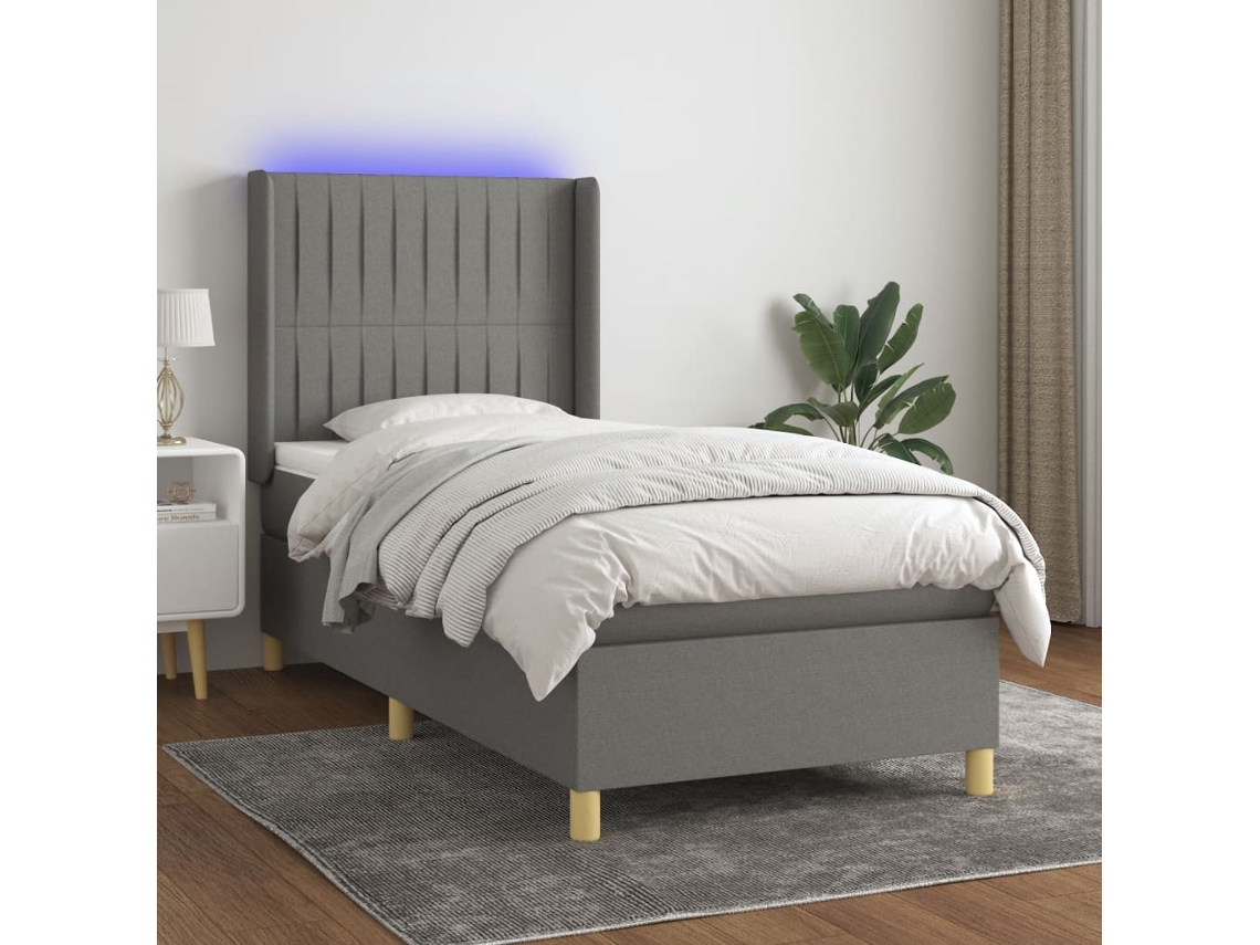 Cama Box Spring Colchón Y Luces Led Tela Gris Oscuro 90x200 Cm