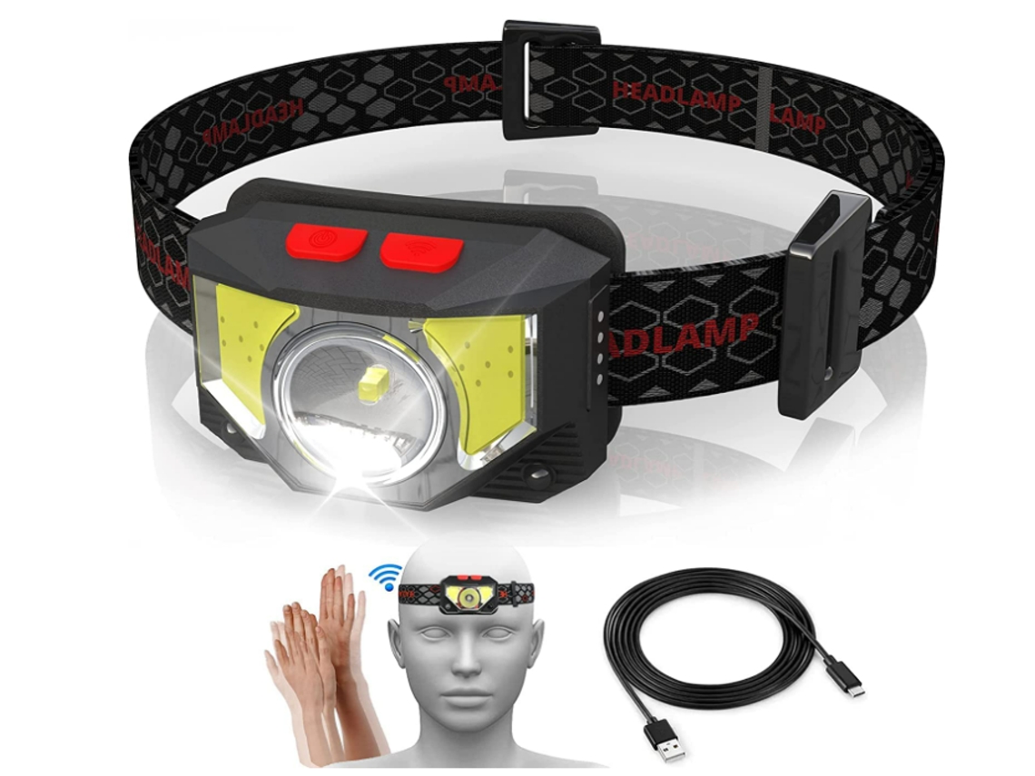 Linterna frontal recargable, luz frontal impermeable de 1500 mAh, 6 modos, para caminatas, campamentos, pesca, lectura de equipo nocturno (negro) YIZHOOD
