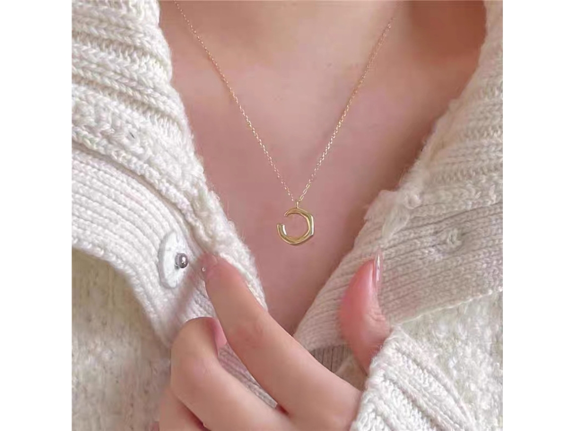 (oro) Collar Con Colgante De Media Luna Irregular En Plata De Ley 925 Con Cadena Cruzada Única En Forma De C, Moderno Y Popular.