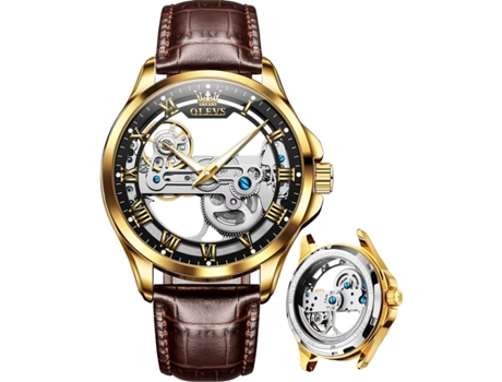 VEANXIN Reloj mecánico automático de oro rosa hueco impermeable para hombre(Marrón-Negro)