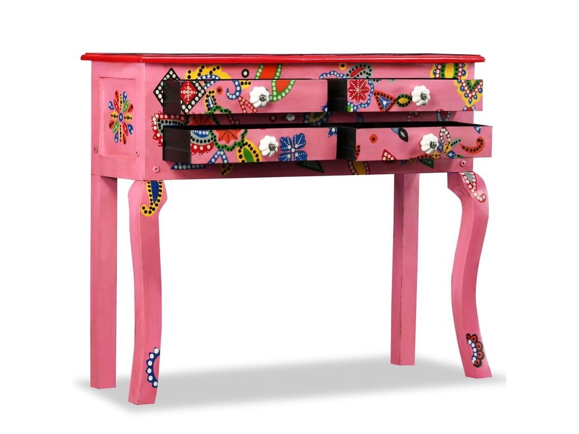 Mesa consola | Mesa de entrada | Mesa auxiliar de madera maciza de mango pintada a mano en color rosa.