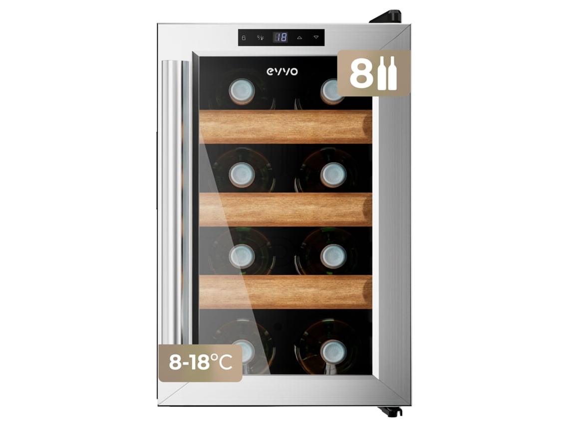 Vinoteca Evvo para 8 botellas VT8, acero inoxidable, termoeléctrica, temperatura ajustable de 8 a 18ºC, ultra silenciosa (35 dB), panel táctil, luz LED interna.