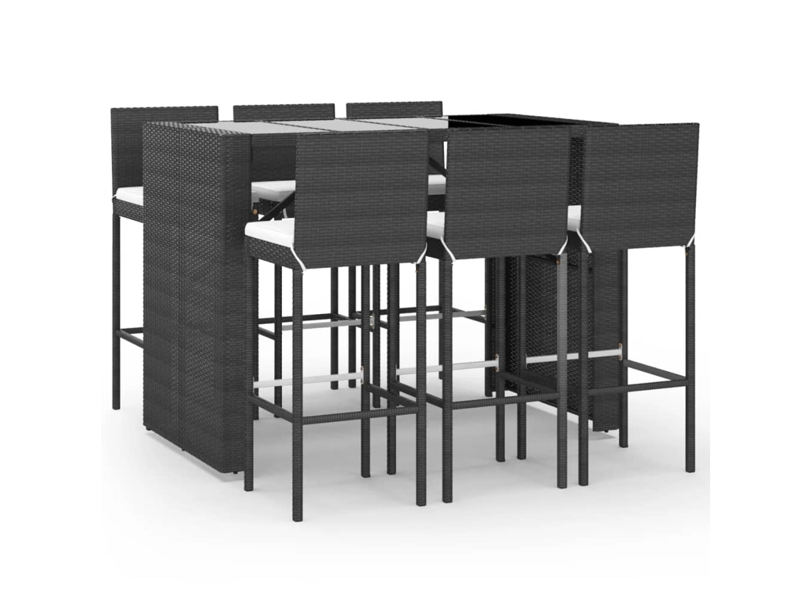 Conjunto 7 Mesa y taburetes altos jardín y cojines VIDAXL ratán PE negro