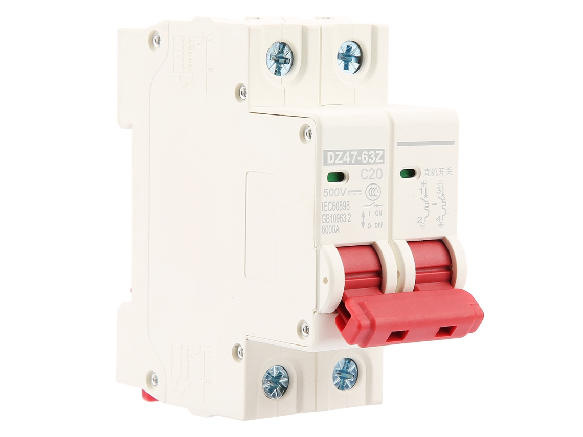 Mini Disyuntor Mcb 2p 20a 500v Cc Dz47-63z Para Protección Contra Sobrecargas Y Cortocircuitos.
