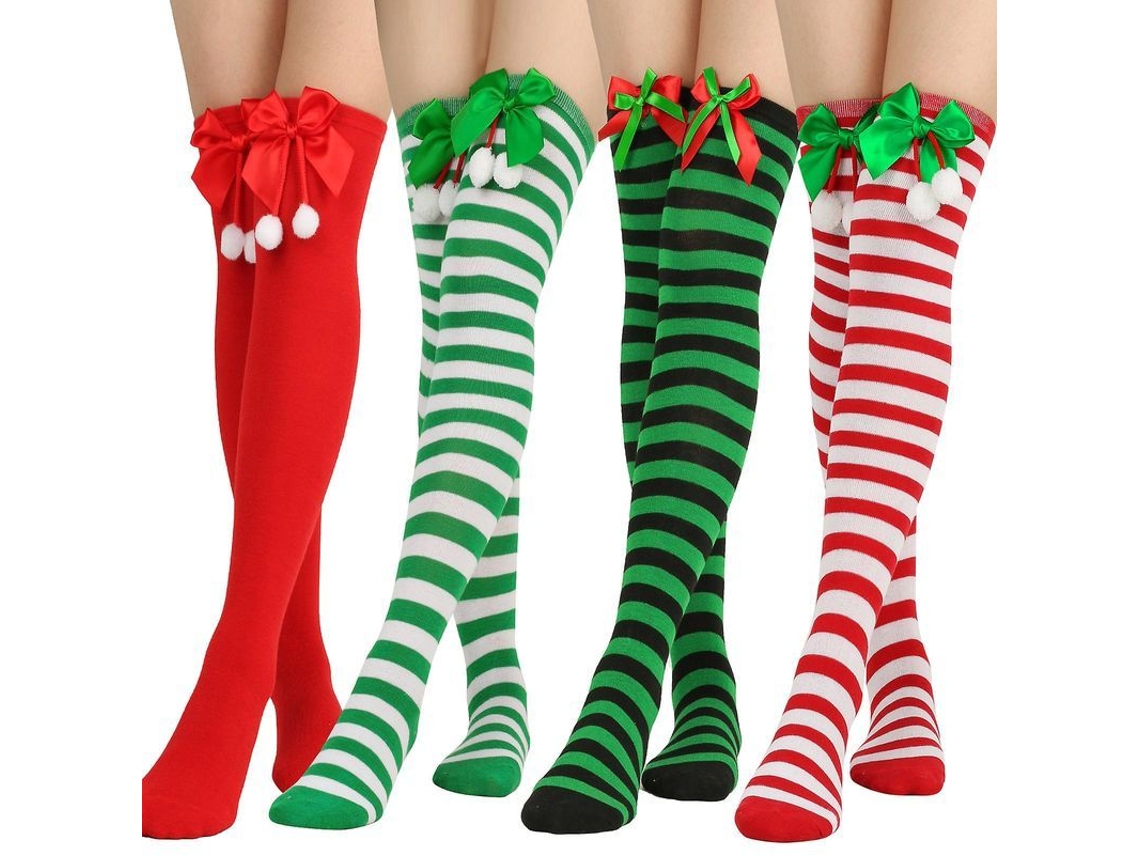 2026-4 Pares Medias Largas Para Mujer Navidad Rayadas Con Ligas Y Pelotón De Pelo