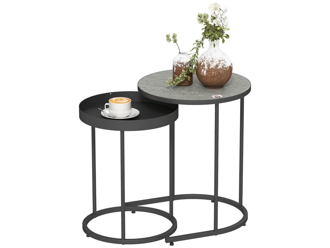Juego De 2 Mesas De Centro Apilables De Estilo Industrial, De Madera Y Metal, De Ø42x54 Cm Y Ø36,5x48,5 Cm, En Gris Y Negro.