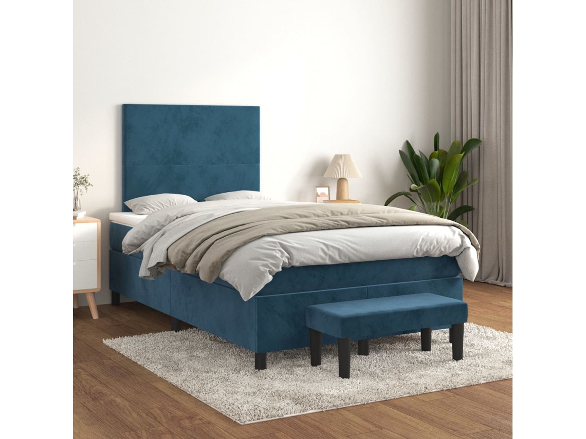 Cama Box Spring Con Colchón Terciopelo Azul Oscuro 120x200 Cm