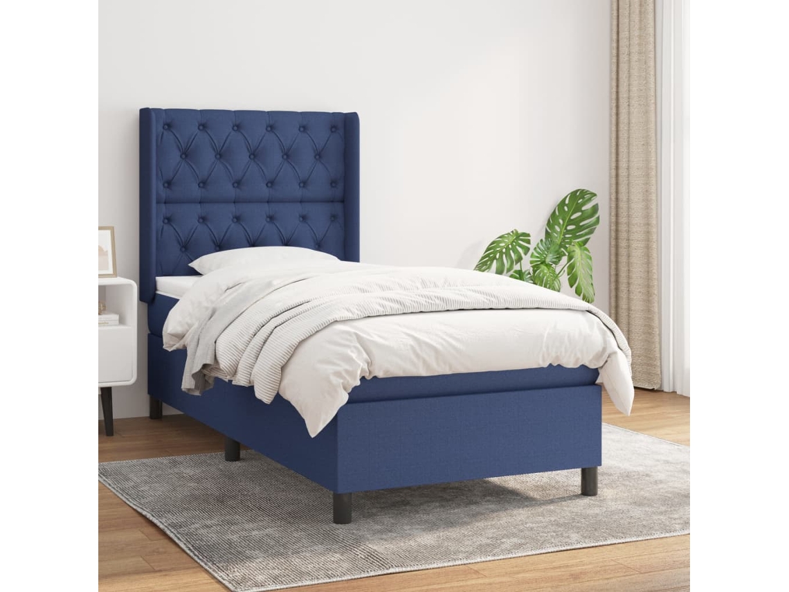 Cama Box Spring Con Colchón Tela Azul 80x200 Cm
