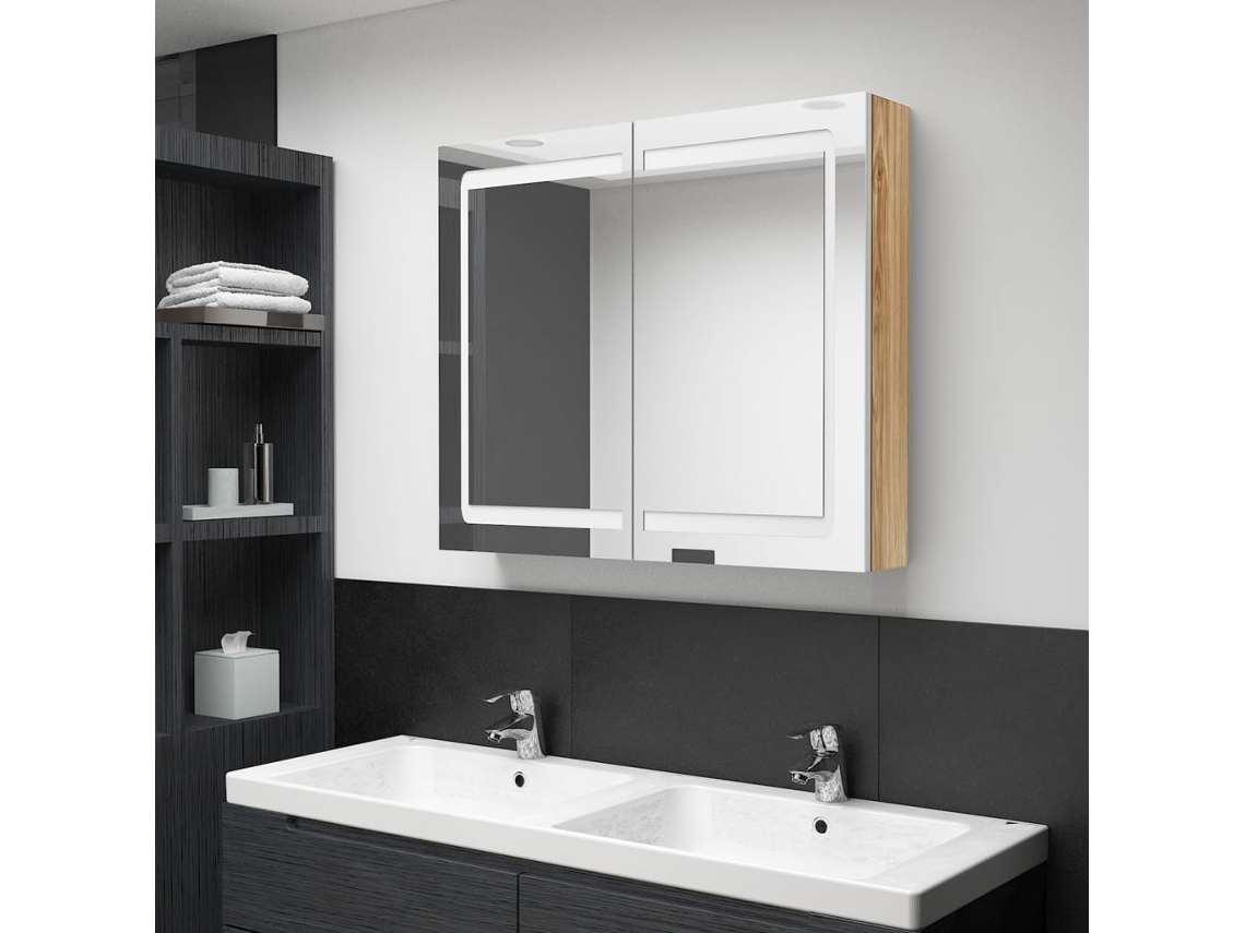 Armario de baño con espejo e iluminación LED, 80x12x68 cm, blanco/roble